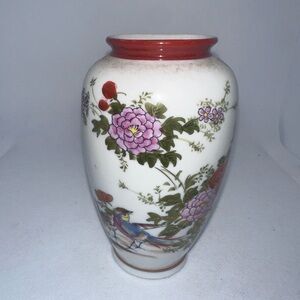 Floral Ceramic Vase with Red Accents